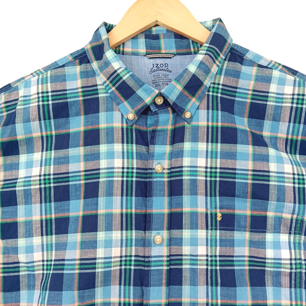 IZOD Saltwater Shirt Mens 2XL Blue Plaid Relaxed Classics Short Sleeve Button Up